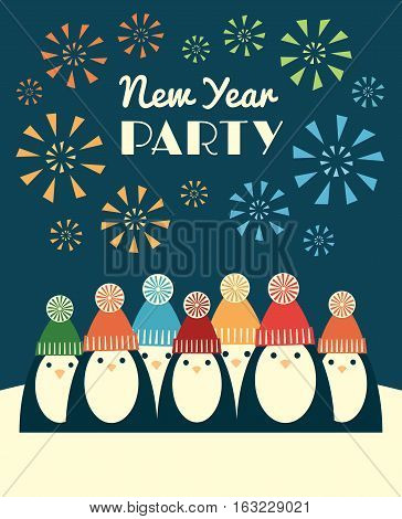 Vector retro styled illustration of a group of penguins in knit hats with pompoms. Fireworks on the background and text 