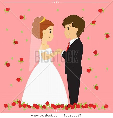 Bride and groom vector illustration surrounded by falling red roses on pink background.