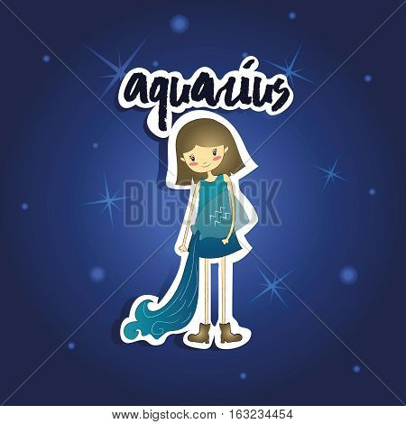 Vector illustration of cartoon Aquarius girl on starry night background