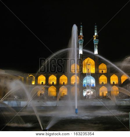 Amir Chakhmaq Complex square and fountain at night Yazd Iran