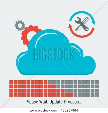 Vector square update process concept. Cloud storage with status uploading bar in flat style and profile icon