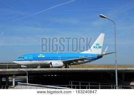 Amsterdam the Netherlands - June 9th 2016: PH-BGN KLM Royal Dutch Airlines Boeing 737 taxiing to Polderbaan runway Schiphol destination Copenhagen Denmark