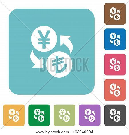 Yen Lira exchange white flat icons on color rounded square backgrounds