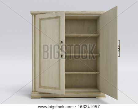 wood big white open cupboard; 3d illustration