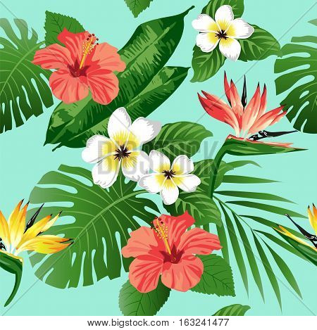Tropical flowers and leaves on background. Seamless. Vector.