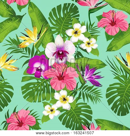 Tropical flowers and leaves on turquoise background. Seamless. Vector.