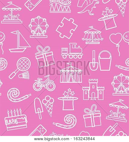 Children's entertainment and leisure, background, seamless, pink, contour. Vector background with objects for the entertainment of children. White linear image on a pink field.