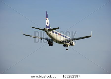Amsterdam the Netherlands - May 6th 2016: SP-LII LOT - Polish Airlines Embraer ERJ approaching Schiphol Zwanenburg runway arriving from Warsaw Poland