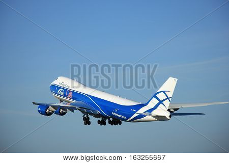Amsterdam the Netherlands - June 9th 2016: VQ-BFE AirBridgeCargo Boeing 747-83QF take off from Polderbaan runway Schiphol destination Milan Italy