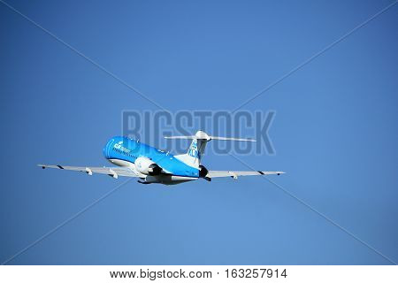 Amsterdam the Netherlands - August 18th 2016: PH-KZU KLM Cityhopper Fokker F70 taking off from Polderbaan Runway Amsterdam Airport Schiphol