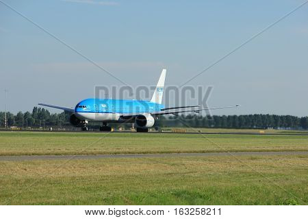 Amsterdam the Netherlands - August 18th 2016: PH-BQN KLM Royal Dutch Airlines Boeing 777 taking off from Polderbaan Runway Amsterdam Airport Schiphol