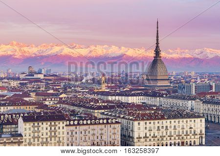 Torino (turin, Italy): Cityscape At Sunrise With Details Of The Mole Antonelliana Towering Over The