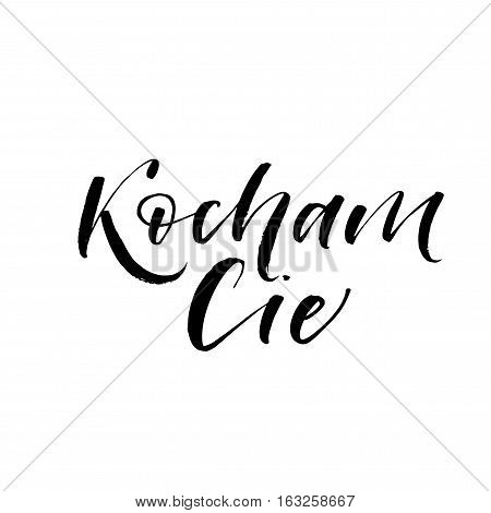Kocham cie phrase. I love you in Polish. Phrase for Valentine's day. Ink illustration. Modern brush calligraphy. Isolated on white background.