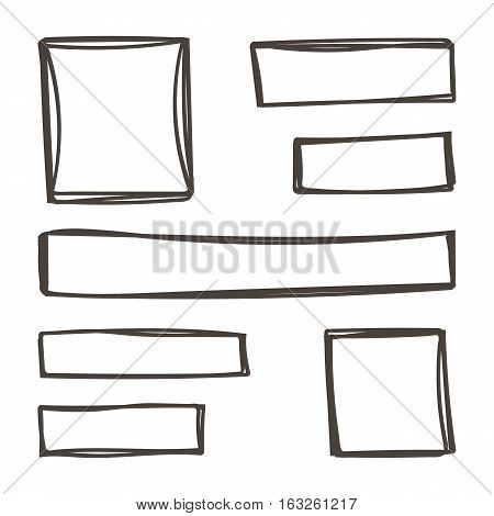 Set, collection of monochrome doodle, hand drawn vector frames, elements isolated on white background.