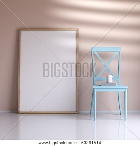Mockup poster in the interior in a wooden frame with a chair, a book and a cup, 3d rendering