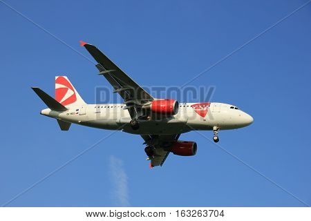 Amsterdam the Netherlands - May 6th 2016: OK-NEO Czech Airlines (CSA) Airbus A319 approaching Schiphol Zwanenburg runway arriving from Prague Czech Republiek
