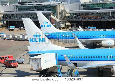 Amsterdam The Netherlands - May 13th 2016: KLM Boeings 737 PH BXY and PH BGT preparing to leave to destinations in the United Kingdom
