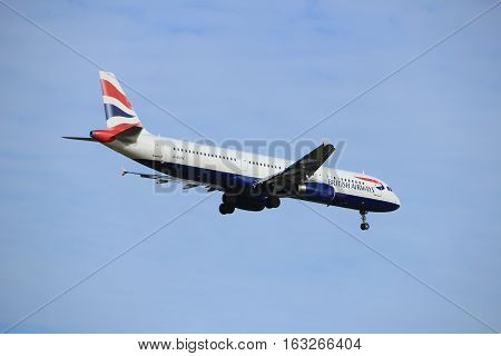 Amsterdam the Netherlands - July 15th 2016:G-EUXK British Airways Airbus A321 approaching Polderbaan runway at Schiphol Amsterdam Airport arriving from London United Kingdom