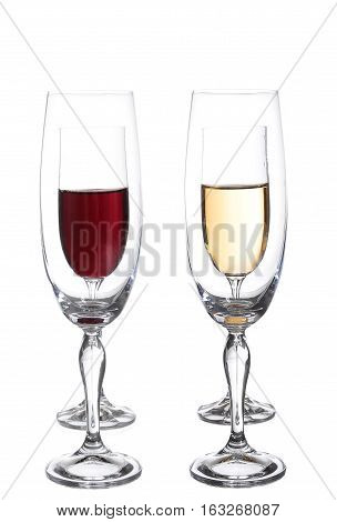 Full And Empty Champagne Glasses With Red And White Wine