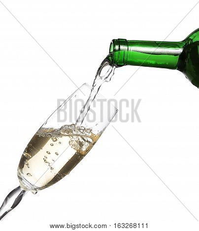 Champagne Being Poured Into Glass Or Flute, Isolated On A White Background.