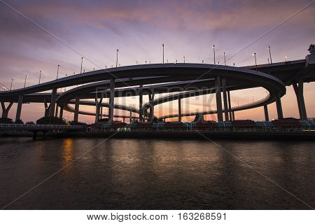 Bangkok City - Beautiful sunset view of Bhumibol Bridge, Thailand