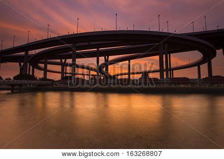 Bangkok City - Beautiful sunset view of Bhumibol Bridge, Thailand