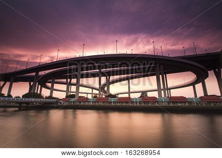 Bangkok City - Beautiful sunset view of Bhumibol Bridge, Thailand