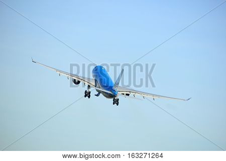 Amsterdam the Netherlands - November 25th 2016: PH-AOM KLM Royal Dutch Airlines Airbus A330 taking off from Polderbaan Runway at Amsterdam Airport Schiphol