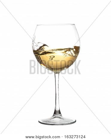 White Wine Swirling In A Goblet Wine Glass, Isolated On A White Background