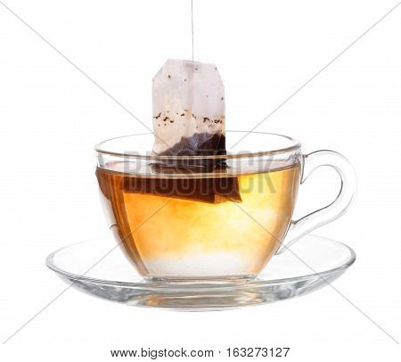 Glass Of Tea With Bag End. Isolated On White Background, With Clipping Path