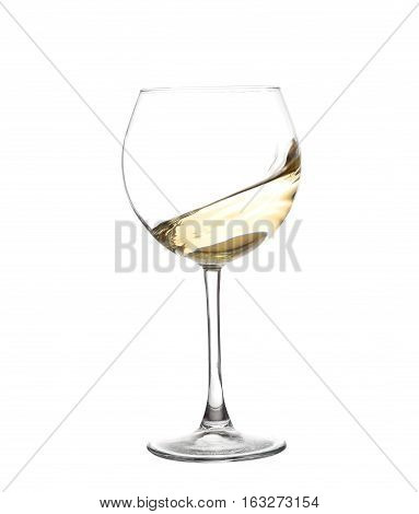 White Wine Swirling In A Goblet Wine Glass, Isolated On A White Background