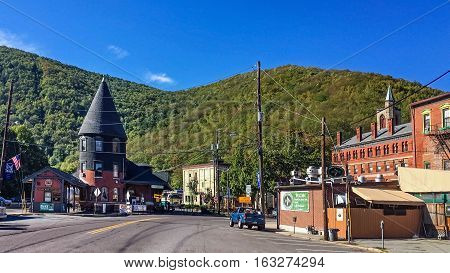 JIM THORPE PENNSYLVANIA - SEPTEMBER 28: Route 209 passes through this scenic landscape with historic buildings on September 28 2016 in Jim Thorpe Pennsylvania.
