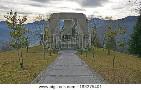 Drazgose Slovenia - December 25th 2016. The Drazgose Spomenik World War Two memorial which stands outside of the village of Drazgose. The memorial commemorates the 1942 Battle of Drazgose.
