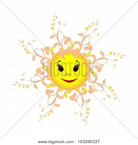 The bright sun with a cheerful smile wants a good day all around. Illustration on a white background. 