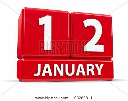 Red cubes - The Twelfth of January - on a white table three-dimensional rendering 3D illustration