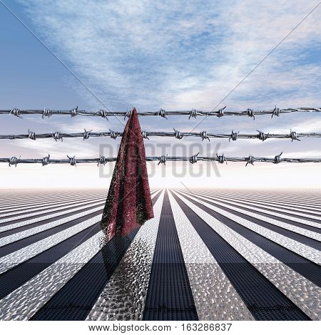 Closed frontier with barbed wire and cloth 3D Illustration