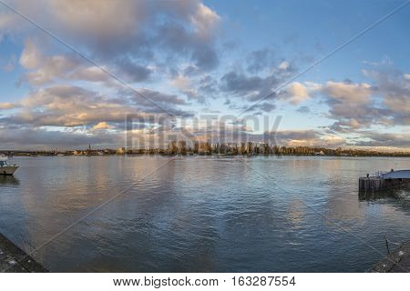 Skyline Of Left Rhine Bank Seen From Mainz With Old Rhine Bridge