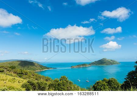 Aerial view of South Molle Island, part of the Whitsunday Islands. It is a resort island in the Whitsunday section of the Great Barrier Reef Marine Park in Australia.