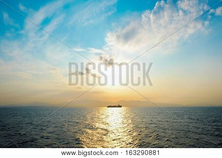 Beautiful sea level with fantasy sky and dramatic sunrise in the morning on the Aegean sea