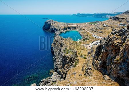 Panoramic bird eye aerial view at Saint Paul Bay at Lindos on the island of Rhodes Greece