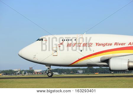 Amsterdam the Netherlands - August 18th 2016:B-2432 Yangtze River Express Boeing 747 taking off from Polderbaan Runway Amsterdam Airport Schiphol