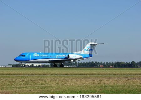 Amsterdam the Netherlands - August 18th 2016: PH-KZD KLM Cityhopper Fokker F70 taking off from Polderbaan Runway Amsterdam Airport Schiphol