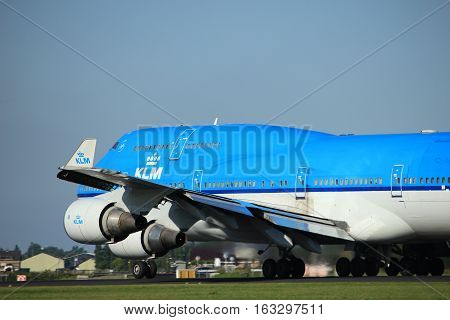 Amsterdam the Netherlands - August 18th 2016: PH-BFU KLM Royal Dutch Airlines Boeing 747-406(M) taking off from Polderbaan Runway Amsterdam Airport Schiphol