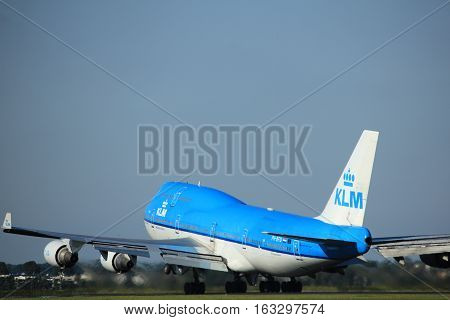 Amsterdam the Netherlands - August 18th 2016: PH-BFU KLM Royal Dutch Airlines Boeing 747-406(M) taking off from Polderbaan Runway Amsterdam Airport Schiphol