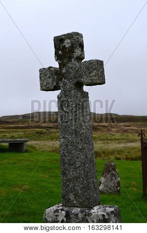 Cross grave stone found on the Isle of Skye in Scotland.