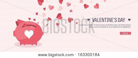 Vector illustration. Flat background with piggy bank. Love, hearts. Valentines day. Be my valentine. 14 february. Message.