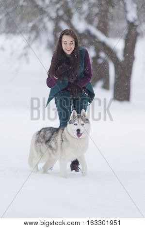 Pets Concepts and Ideas. Happy and Smiling Caucasian Brunette Woman Playing with Husky Dog Outdoors in Park. Vertical Image