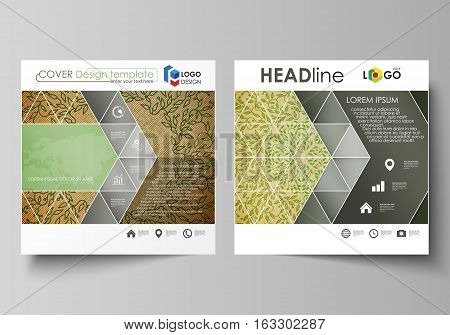 Business templates for square design brochure, magazine, flyer, booklet or annual report. Leaflet cover, abstract flat layout, easy editable vector. Abstract green color wooden design. Texture with leaves. Spa concept natural pattern in linear style. Vect