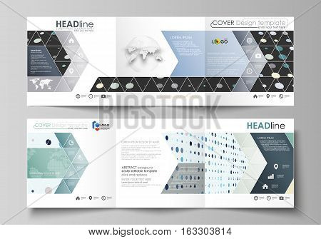 Set of business templates for tri fold square design brochures. Leaflet cover, abstract flat layout, easy editable vector. Abstract soft color dots with illusion of depth and perspective, dotted technology background. Multicolored particles, modern patter