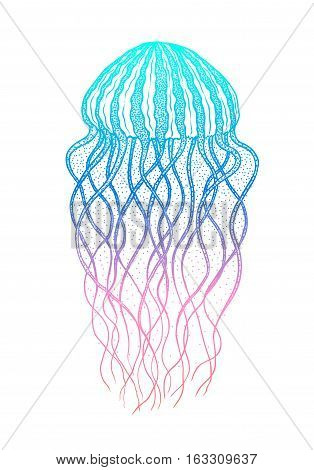 Jellyfish in line art style. Hand drawn vector illustration. Design for coloring book. Ocean elements
